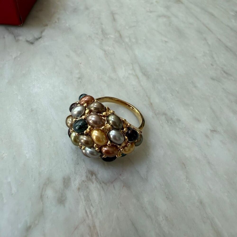Kenneth Jay Lane vintage gold tone ring dome multi-colored faux pearls New sz 10